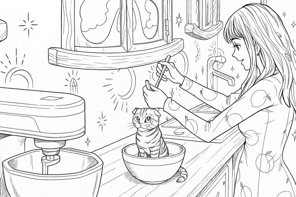 Marie Simswalker is making fruit salad with Professor Chadwick Febreze the cat